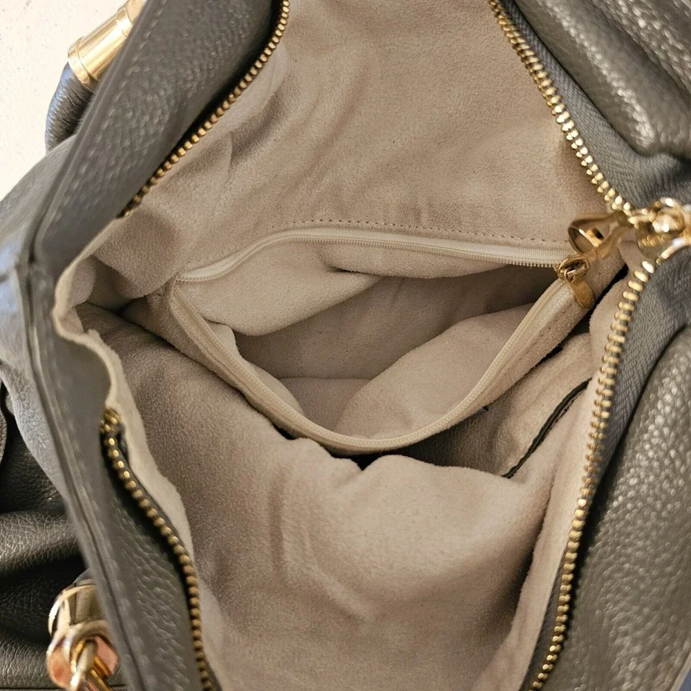 Charcoal Grey Pebbled Leather Tote Bag Gold Hardware Crossbody Large Handbag